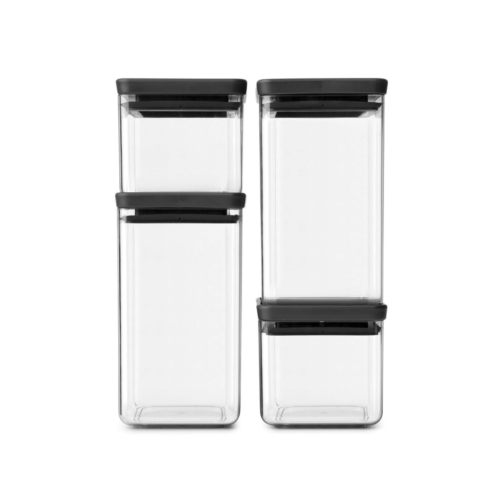 Brabantia Set of 4 Tasty+ Square Stackable Food Canisters/Storage Jars (Dark Grey) Space Saving Transparent Plastic Tubs with Lids, (122422)