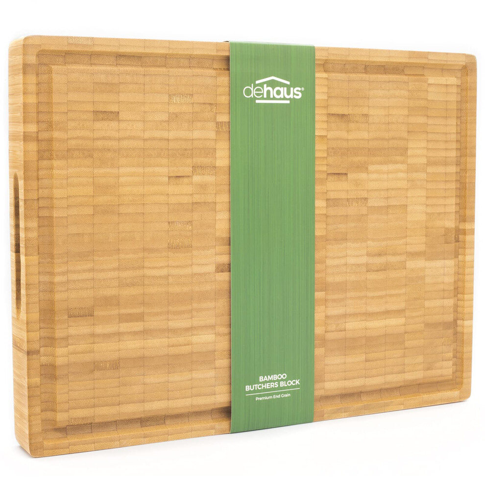 Dehaus Dehaus? Deluxe Bamboo Chopping Board - Premium Wooden Cutting Boards - Extra Large End Wood Butchers Block For Kitchen - Bread Cutting Block Grain