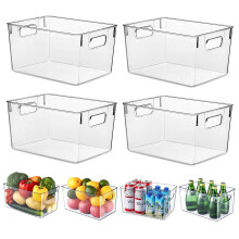 HPYLIF?H Fridge Organiser with Handles, 4 Pack Clear Pantry Organizer Bins, Food Storage Basket for Kitchen, Countertops, Cabinets, Refrigerator,