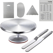 Cake Turntable Aluminum Alloy, Yizish 12 Inch Rotating Cake Stand Decorating Kits with Stainless Steel Icing Spatula (2pcs) and Icing Smoother (3pcs)
