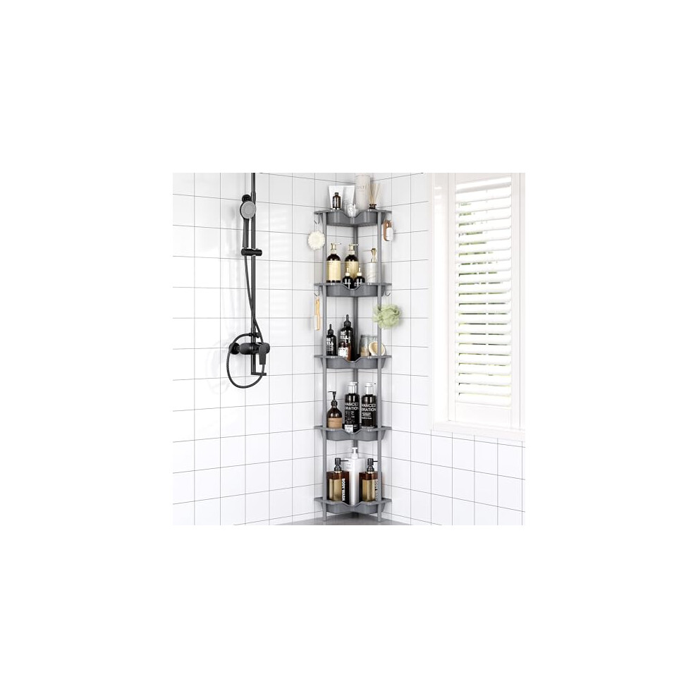 OriwarE Rustproof 5 Tier Floor Standing Corner Shower Caddy Organizer, Plastic Metal Splicing Floor Corner Shelf Rack Stands for Bathroom, Grey-image-OPC-PGN8RM6-NEW