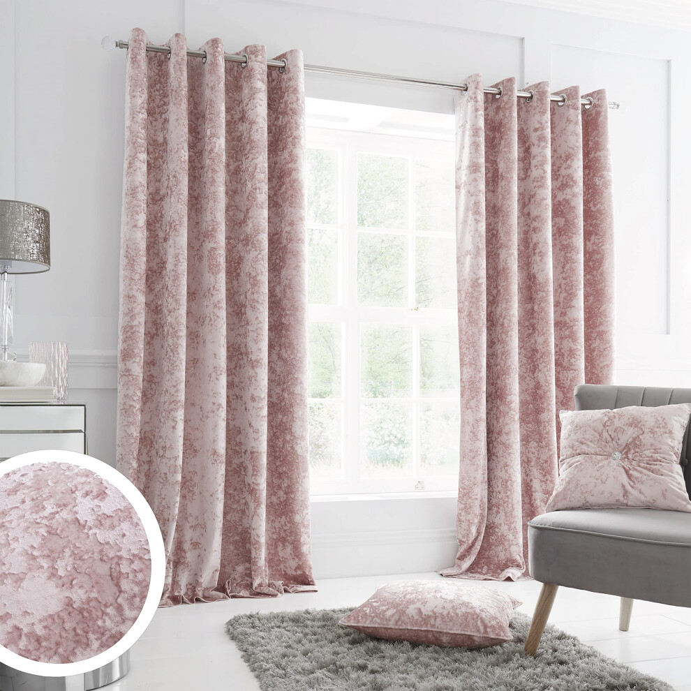 Catherine Lansfield Crushed Velvet 66X72 Inch Lined Eyelet Curtains Two Panels Blush Pink