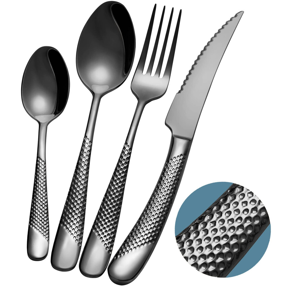 Xideman? 24-Piece ?Modern Black Hammered Cutlery Set with Ultra Sharp 2-in-1 Serrated Knive, 18/10 Stainless Steel Silverware Set, Titanium ?Plated
