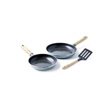 GreenPan Mayflower Healthy Ceramic Non-Stick 3-Piece Frying Pan Skillet Set 20 cm & 24 cm, Including Slotted turner, Vintage Wood Handle, PFAS-Free,