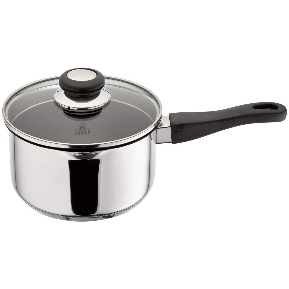 Judge Vista Stainless Steel Non-Stick Large Saucepan with Pouring Lip 18cm 2.1L Shatterproof Glass Strain & Pour Lid, Induction Ready, Oven Safe, 25