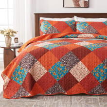 Qucover Quilted Bedspread King Size, Multicolour Prin Red Orange Blue Patchwork Quilt with 2 Pillow Shams, Lightweight Soft Microfiber Floral