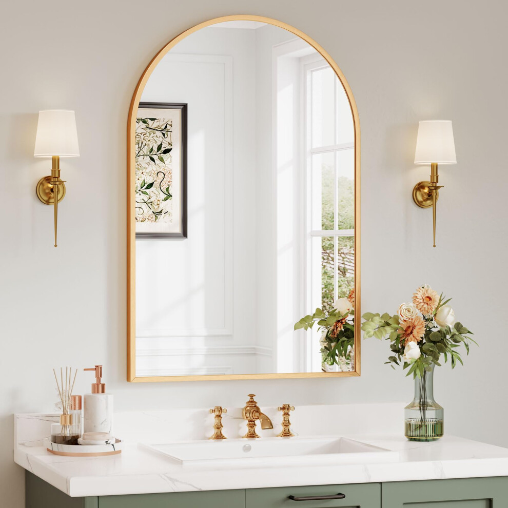 Dripex 50 x 75cm Arched Mirror, Arched Wall Mounted Mirror Home Decorative Bathroom Bedroom Living Room Dressing, Gold