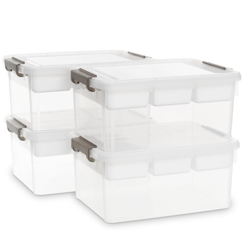 Citylife 4 Packs 16L Plastic Storage Boxes with Removable Tray Clear ...