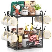 EsLuker.ly 2 Tier Coffee Bar Organizer Countertop Station Rack for Kitchen, Multi-functional Coffee Mug Holder Display Stand, Accessory Storage Shelf