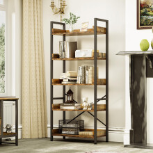 YITAHOME Bookcase 5 Tiers, Floor Standing Book Shelf, Wooden Shelf and Stable Steel Frame Shelving Units with 4 Hooks Industrial Storage Shelf for