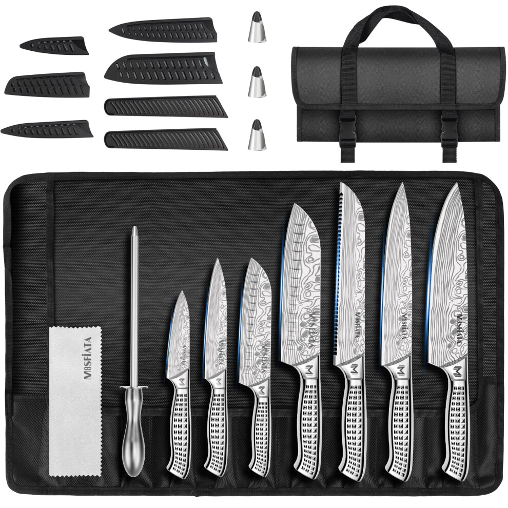 MOSFiATA Chef Knife Set, 12PCS Portable Sharp Kitchen Knife Set, High Carbon Japanese Stainless Steel Professional Chef Knives Set with Knife Roll Bag