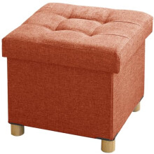 BRIAN & DANY Folding Ottoman Storage Box with Wood Legs, Linen Foot Stool, Footstool with Storage, Highly Elastic Sponge Filling, Orange, 38 x 38 x 38
