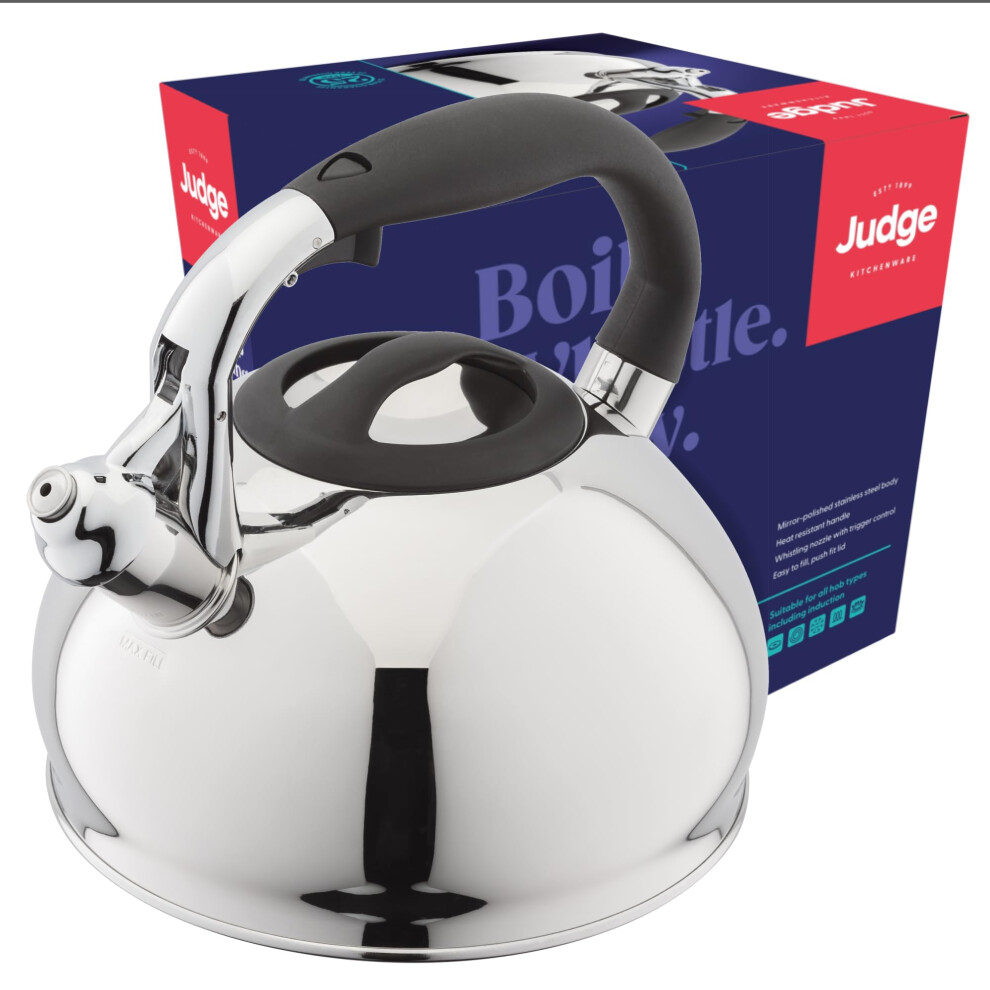 Judge 3L Stovetop Kettle - Stove Top Kettle For Gas Stoves & Electric Hobs - 18/10 Stainless Steel Whistling Kettle With Heat Resistant Handle