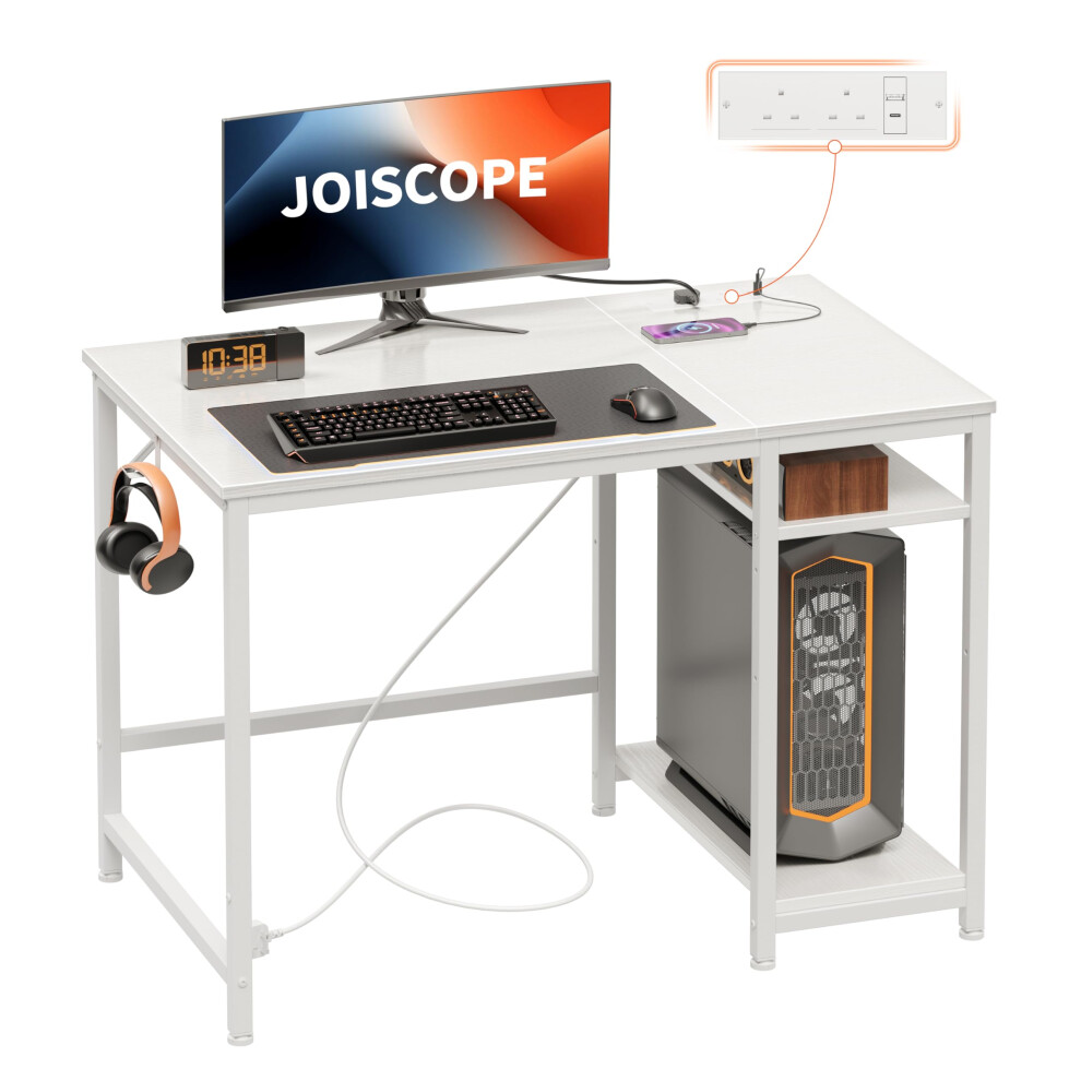 JOISCOPE Computer Desk, 100cm White Desk with USB Outlets and Type-C Charging Port and Shelves, Gaming Desk with Headphone Hook, Small Desk for Study,-image-OPC-PGN8T58-NEW
