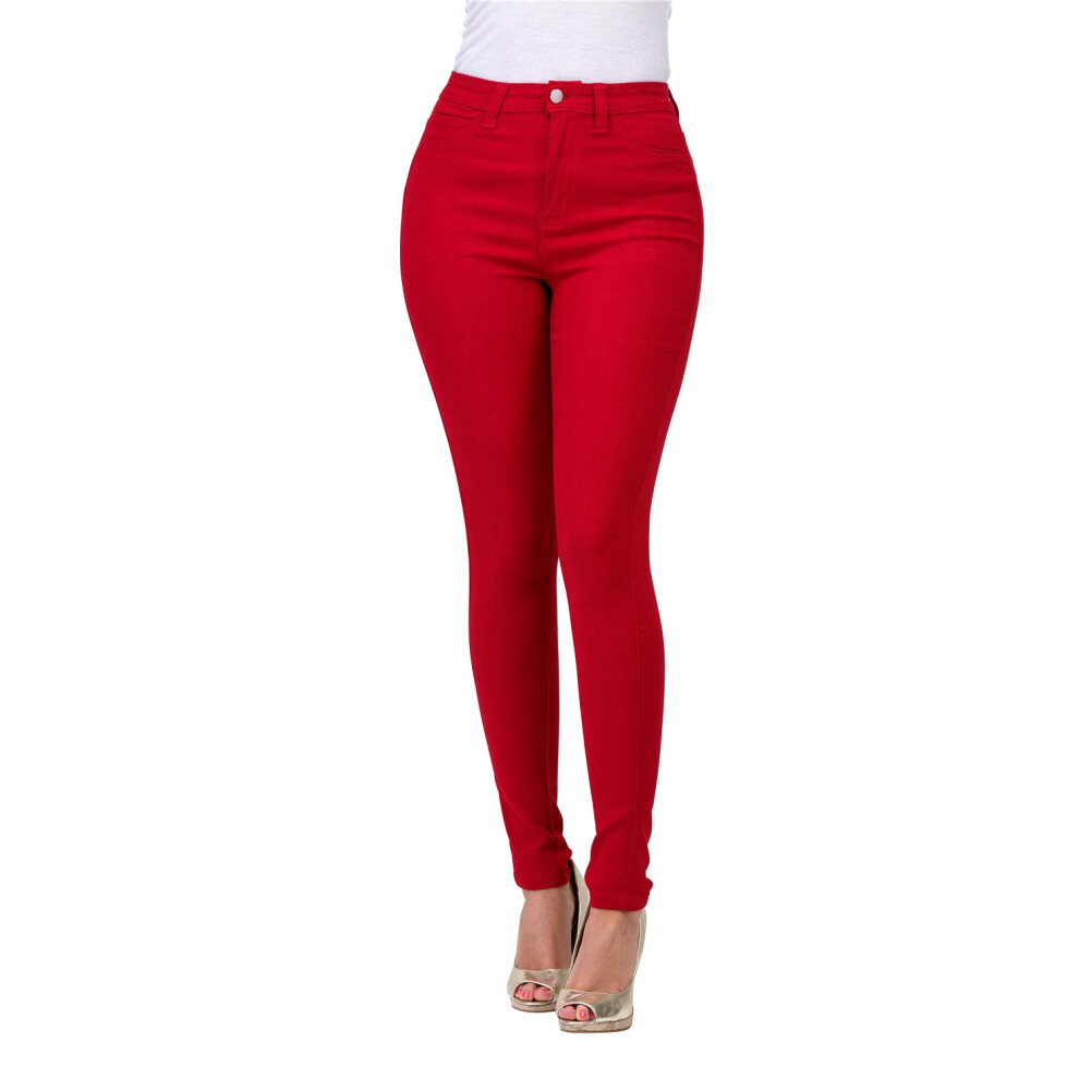 LOVER BRAND FASHION Jean taille haute en denim extensible pour femme, coupe skinny, d?chir?, effet us?, couleur rouge, taille L