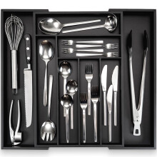 budu Cutlery Tray #45 (Depth 45 cm) Made of Bamboo - Black - Drawer Organiser System for the Kitchen - Cutlery Tray for Bamboo Drawers - Extendable -