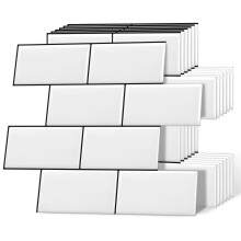 DEWOO White Peel and Stick on Wall Tiles Subway Metro Self-Adhesive Splashback Plastic for Kitchen and Bathroom?Thick?32 x 27cm,10-Sheet?