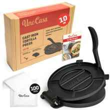 Uno Casa Cast Iron 10 Inch Tortilla Press - Roti and Tortilla Maker Press for Corn Dough - Bonus 100 Pcs Parchment Paper - Heavy Duty Pre-Seasoned