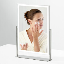 NEZZOE Rechargeable Makeup Mirror with Light, 35cm Rectangular Vanity Mirror with 3 Color Light, 360?Ratation LED Mirror, Metal Stand Base Dressing