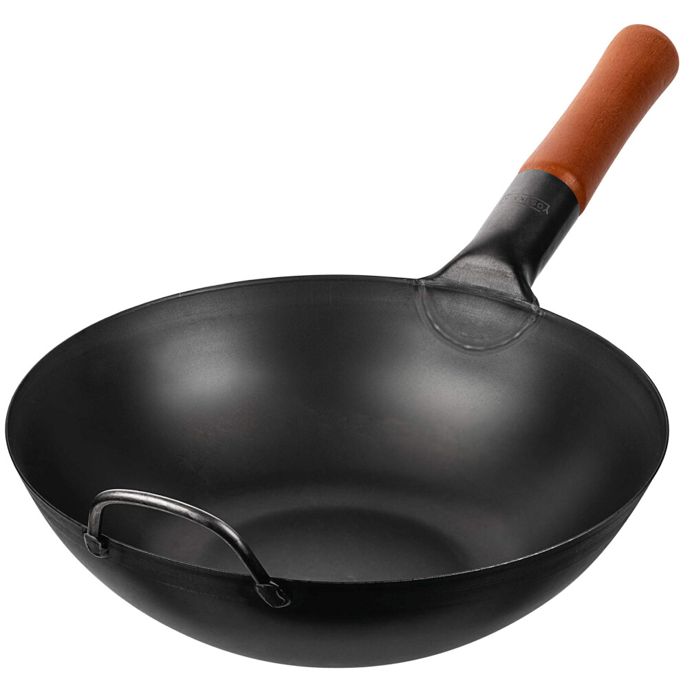 Yosukata Black Carbon Steel Wok Pan ? 30 Cm Woks And Stir Fry Pans - Chinese Wok With Flat Bottom Pow Wok - Traditional Chinese Japanese Woks - Steel