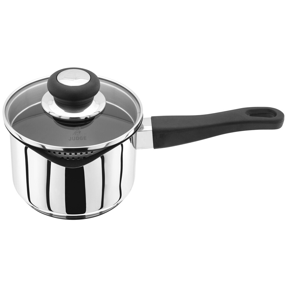 Judge Vista Draining Medium Stainless Steel Non-Stick Saucepan with Pouring Lip 14cm 1L, Shatterproof Glass Strain & Pour Lid, Induction Ready, Oven