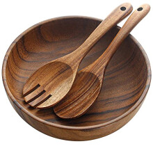 AOOSY Acacia Wooden Salad Bowl and Servers Set,9.5Inchs Solid Wood Saving Bowl with Acacia Wood Spoons Set Salad Mixing Dinner Fork and Spoon Kitchen