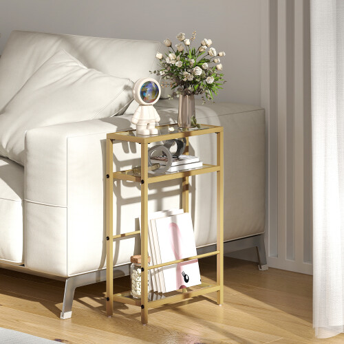 Homcom HOMCOM Slim Side Table, End Table with Tempered Glass Tabletop, Gold