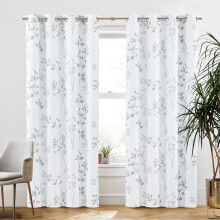 Beauoop Grey Floral Blackout Curtains for Living Room Bedroom 90 Inch Drop Leaf Print Eyelet Curtain Botanical Thermal Insulated Noise Reducing Drapes