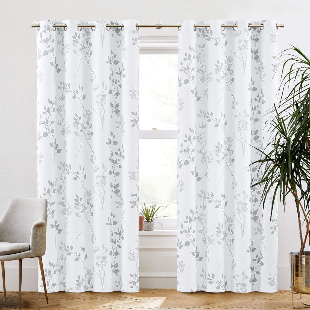 Beauoop Grey Floral Blackout Curtains for Living Room Bedroom 90 Inch Drop Leaf Print Eyelet Curtain Botanical Thermal Insulated Noise Reducing Drapes-image-OPC-PGN8VQK-NEW