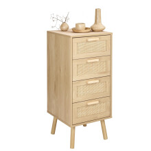 Finnhomy Rattan Chest of Drawers Bedroom, Tall Chester of Drawers with 4 Hand Made Rattan Decorated Drawers for Bedroom, Small Bedside Cabinet with