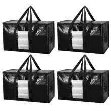 TAILI Moving Bags Extra Large Heavy Duty 4 Pack Storage Bags with Zips, Clear Window & Reinforced Handles, Black Storage Bags with Lid for