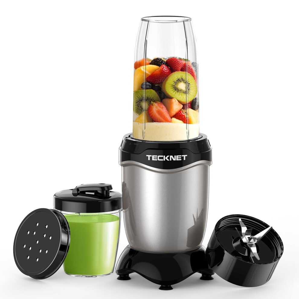 Food Blender, TECKNET 600W High Speed Mini Blender with 2 Portable Travel Cups, 7-Pics Blender, Multi-Functional Fruit Blender for Shakes, Smoothies,