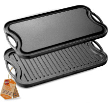 Nutrichef Reversible Cast Iron Griddle Pan ? 50.7cm x 25.7cm, Non-Stick Flat & Ridged Grill Plate for Hob, Oven & BBQ, Induction & Gas Safe,