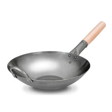 Craft Wok Flat Hand Hammered Carbon Steel Pow Wok with Wooden and Steel Helper Handle (12 Inch, Flat Bottom) / 731W316-12in