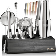 BARE BARREL? Cocktail Making Kit | 14-Piece Bartender Kit Cocktail Shaker Set Maker | Bamboo Display Stand & 35 Recipe Cards | Mixology Cocktail Gift