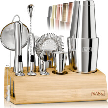 BARE BARREL? Cocktail Making Kit | 14-Piece Bartender Kit Cocktail Shaker Set Maker | Bamboo Display Stand & 35 Recipe Cards | Mixology Cocktail Gift