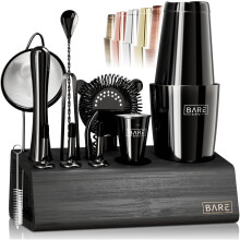 BARE BARREL? Cocktail Making Kit | 14-Piece Bartender Kit Cocktail Shaker Set Maker | Bamboo Display Stand & 35 Recipe Cards | Mixology Cocktail Gift
