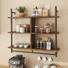 Bestier 3 Tier Floating Pipe Shelving 115CM Industrial Wall Mounted Ladder Shelf Hanging with Circular Tube with Hooks Wood Display Storage Home Decor