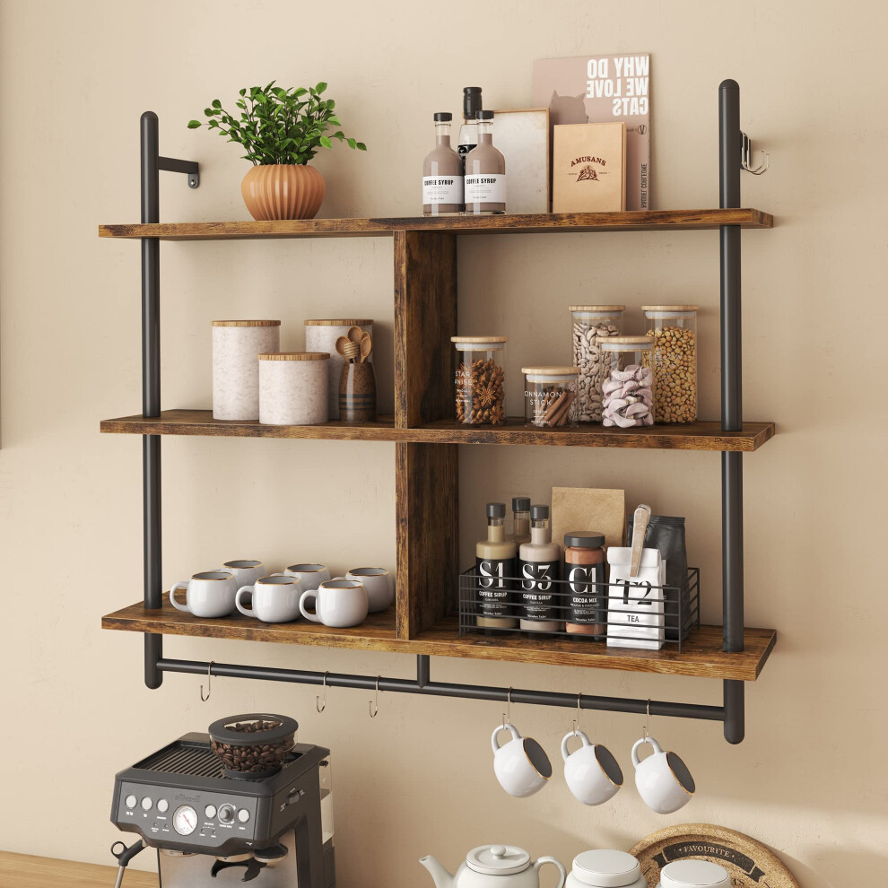 Bestier 3 Tier Floating Pipe Shelving 115Cm Industrial Wall Mounted Ladder Shelf Hanging With Circular Tube With Hooks Wood Display Storage Home Decor 5051219245442
