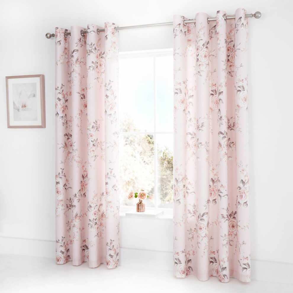 Catherine Lansfield Canterbury Floral 66X72 Inch Lined Eyelet Curtains Two Panels Blush Pink