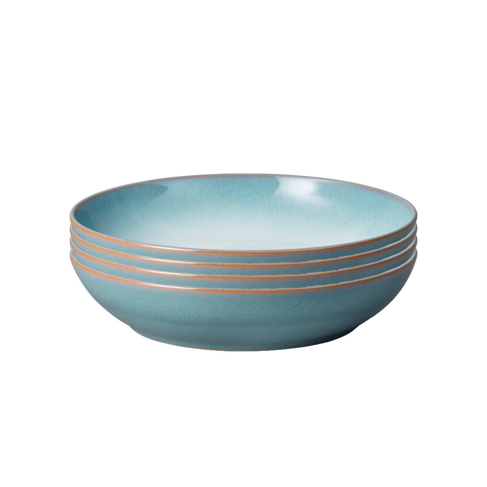 Denby - Azure Haze Blue Pasta Bowls Set of 4 - 1050ml Large Stoneware Ceramic Bowls For Pasta Dishes - Dishwasher Safe, Microwave, Freezer Safe -