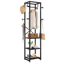 IBUYKE Coat Rack, Freestanding Coat Stand with 3 Shelves and 8 Hooks, Industrial Clothes Stand for Entryway, Hallway, Bedroom, 180 x 40 x 30 cm, Black