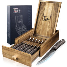 Steak Knives Set of 6 with Drawer Organizer, 4.8 Inch High Carbon Japanese Style Non Serrated Meat Knife with Wood Handle, Damascus Pattern Full Tang