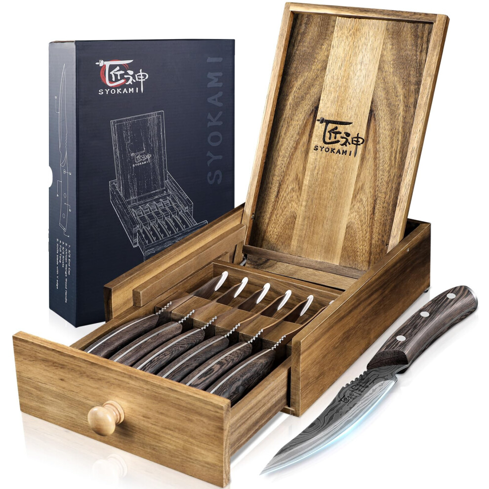 Steak Knives Set of 6 with Drawer Organizer, 4.8 Inch High Carbon Japanese Style Non Serrated Meat Knife with Wood Handle, Damascus Pattern Full Tang