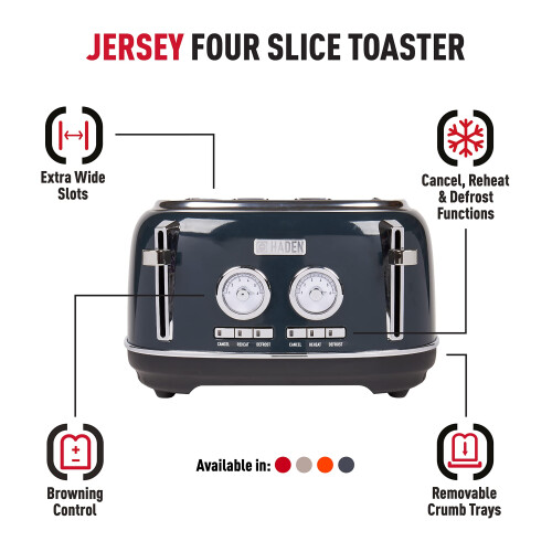 Haden Haden Jersey Steel Blue Toaster 4 Slice ? Dual Control With Adjustable Browning Controls - Self Centring Function - Reheat And Defrost Functions ? 1