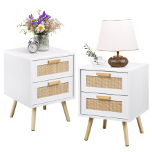 Finnhomy Bedside Table, Side Table with 2 Hand Made Rattan Decorated Drawers, Bedside Tables Set of 2, Wood Nigntstand, End Table with Storage for