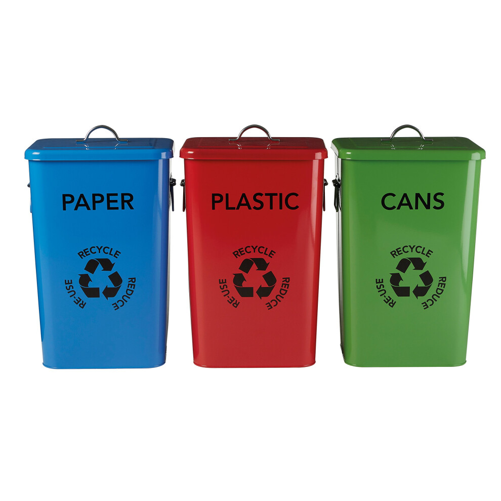 Premier Housewares Plastic, Paper And Cans Recycle Logo Bins - Multi-Colour, Set Of 3