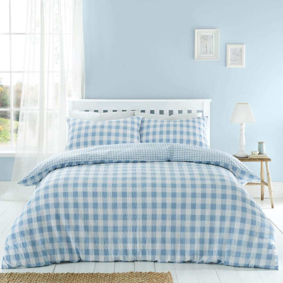 Catherine Lansfield Seersucker Gingham Check King Duvet Cover Set Blue