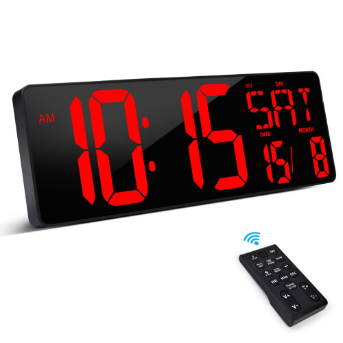 XREXS Large Digital Wall Clock with Remote Control, 16.5 Inch LED Large Display Count Up & Down Timer, Adjustable Brightness Alarm Clock with