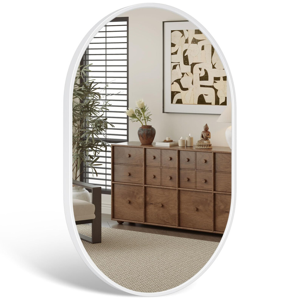 Dripex 50 x 70cm Oval Mirror, Wall Mounted Bathroom Mirror, Horizontal or Vertical Hanging Wall Mirror for Living Room, Bedroom, Entryway, White